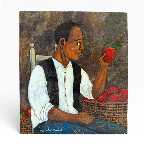 Richard E Roebuck 13x14 Man with Apples and Basket on Wood WP6514